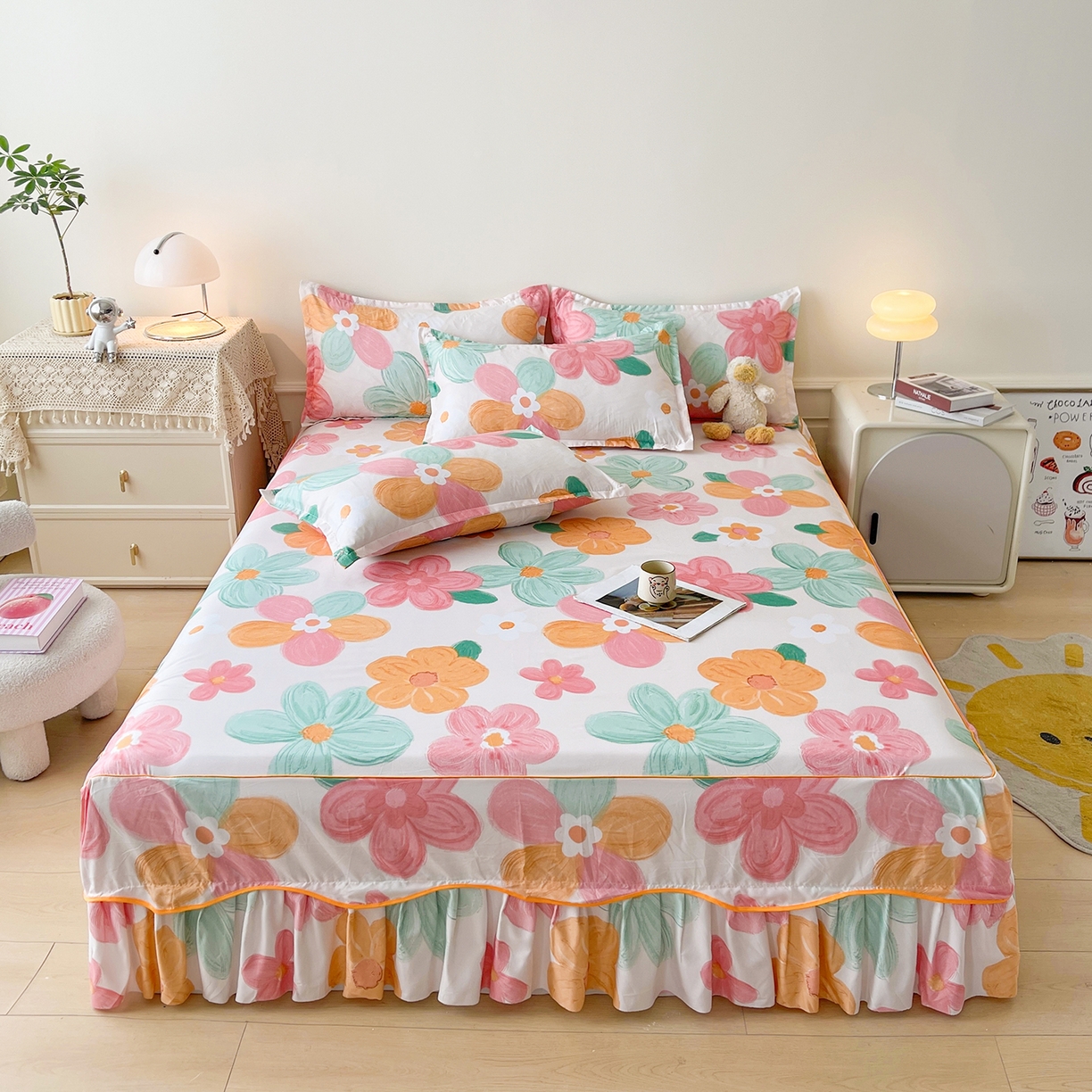 91家纺网 家纺一手货源 找家纺 （总）笠裙家纺 2025新款A类水洗棉韩版S边花边印花床裙四件套