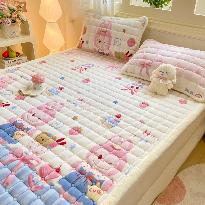 91家纺网 家纺一手货源 找家纺 家喜爱 2025新款亲肤牛奶绒加厚床垫-成人款 草莓布布