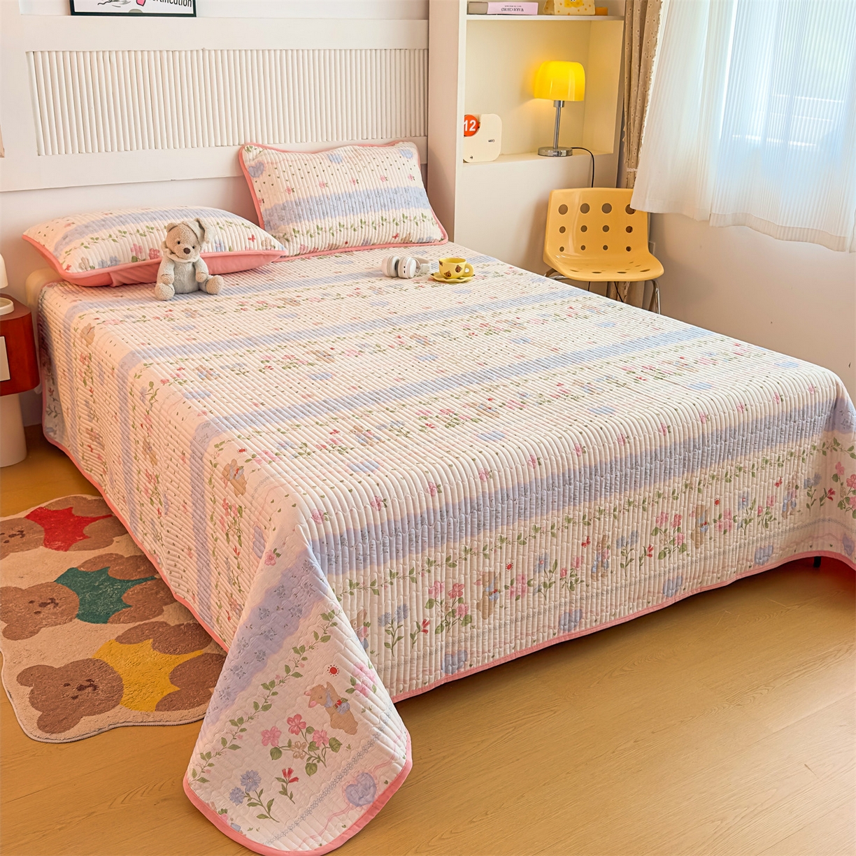 91家纺网 家纺一手货源 找家纺 恒爱家纺 2025新款全棉宝宝绒双拼床盖三件套 海棠兔