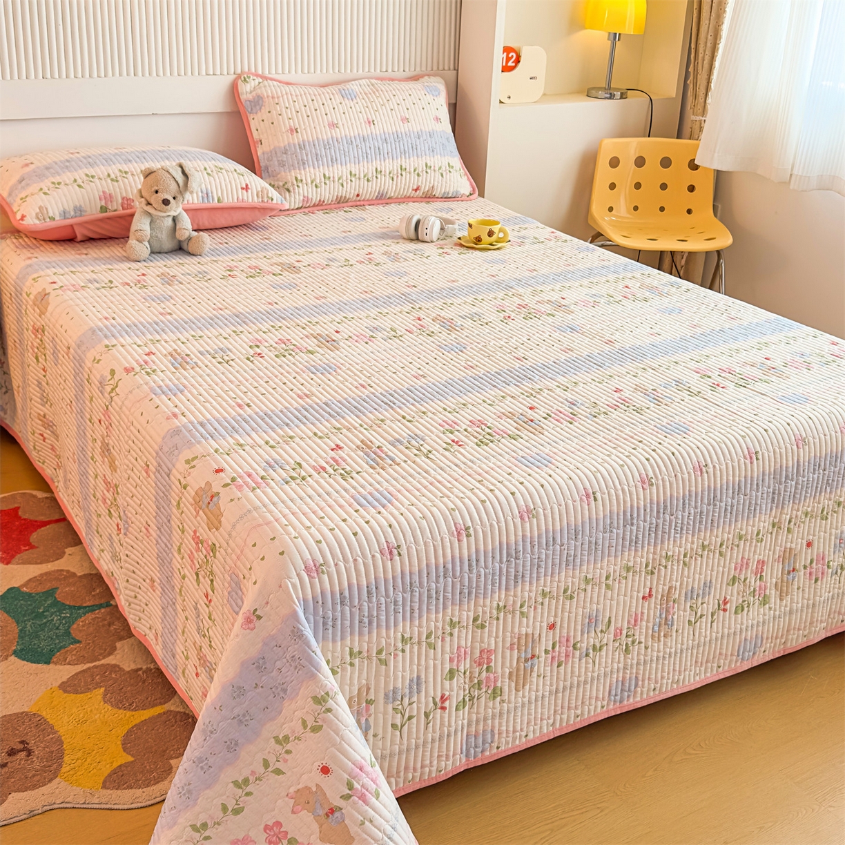 91家纺网 家纺一手货源 找家纺 恒爱家纺 2025新款全棉宝宝绒双拼床盖三件套 海棠兔