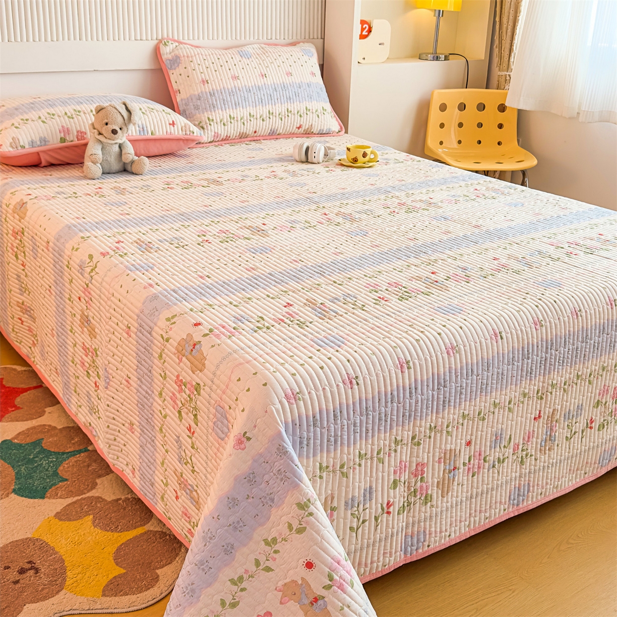 91家纺网 家纺一手货源 找家纺 恒爱家纺 2025新款全棉宝宝绒双拼床盖三件套 海棠兔