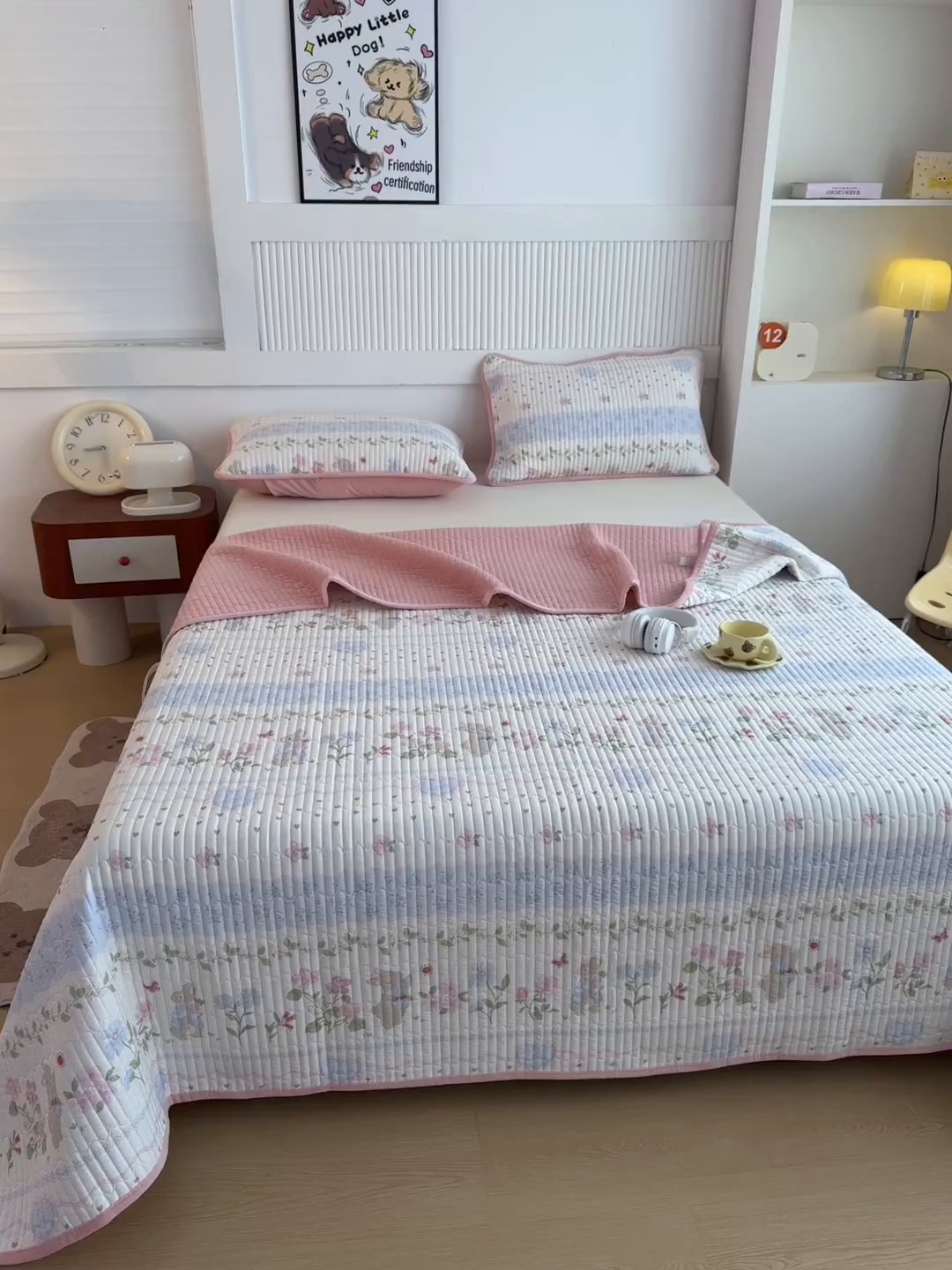 91家纺网 家纺一手货源 找家纺 恒爱家纺 2025新款全棉宝宝绒双拼床盖三件套 海棠兔