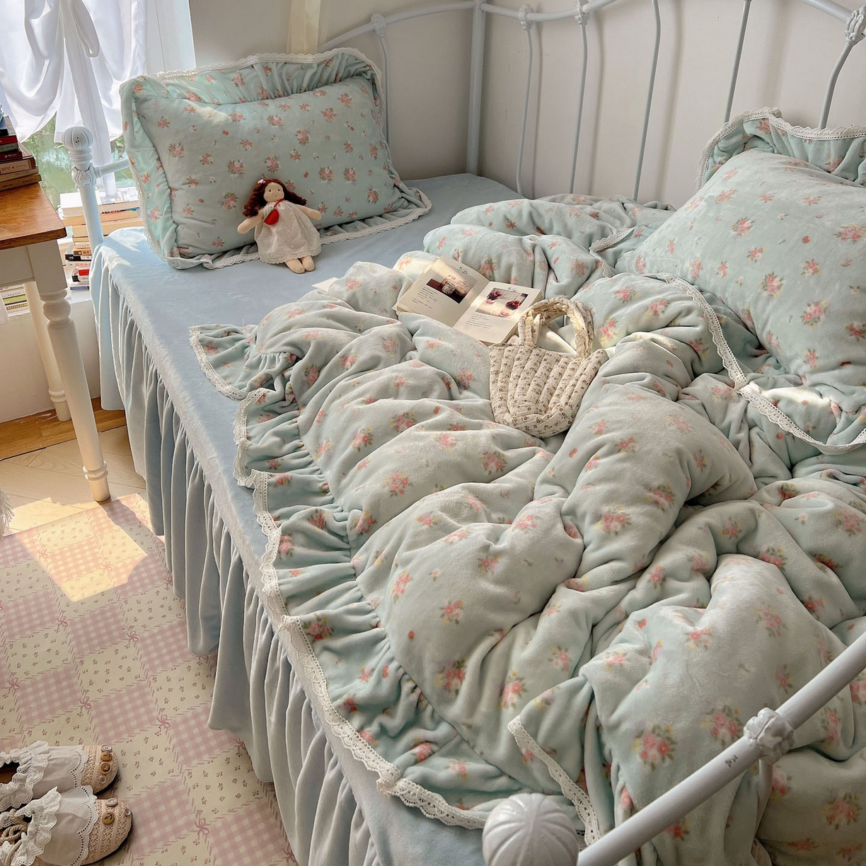 轻奢坊 2025新款牛奶绒韩系小碎花花边款-暖香春野 暖香春野-蓝