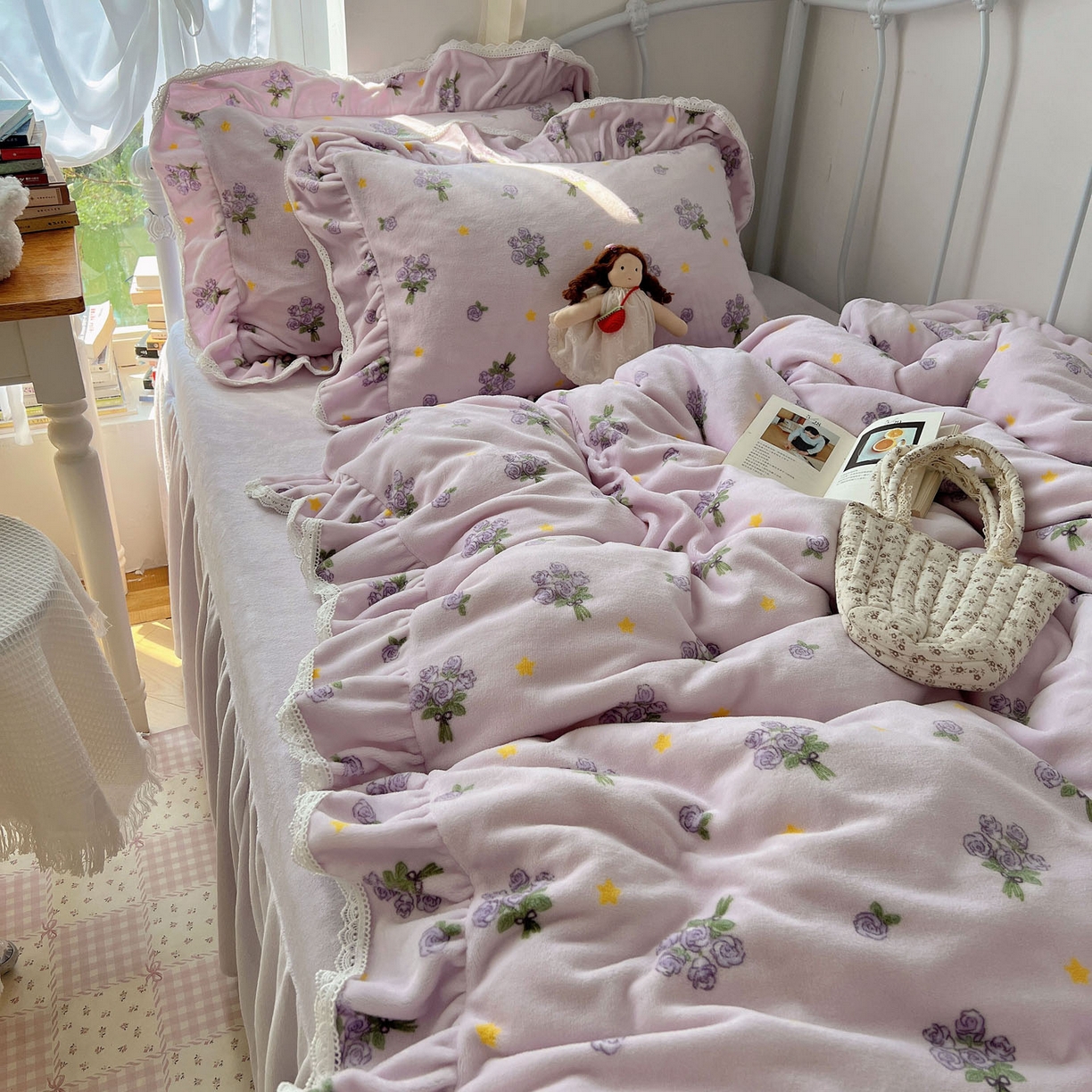 轻奢坊 2025新款牛奶绒韩系小碎花花边款-暖香春野 暖香春野-紫