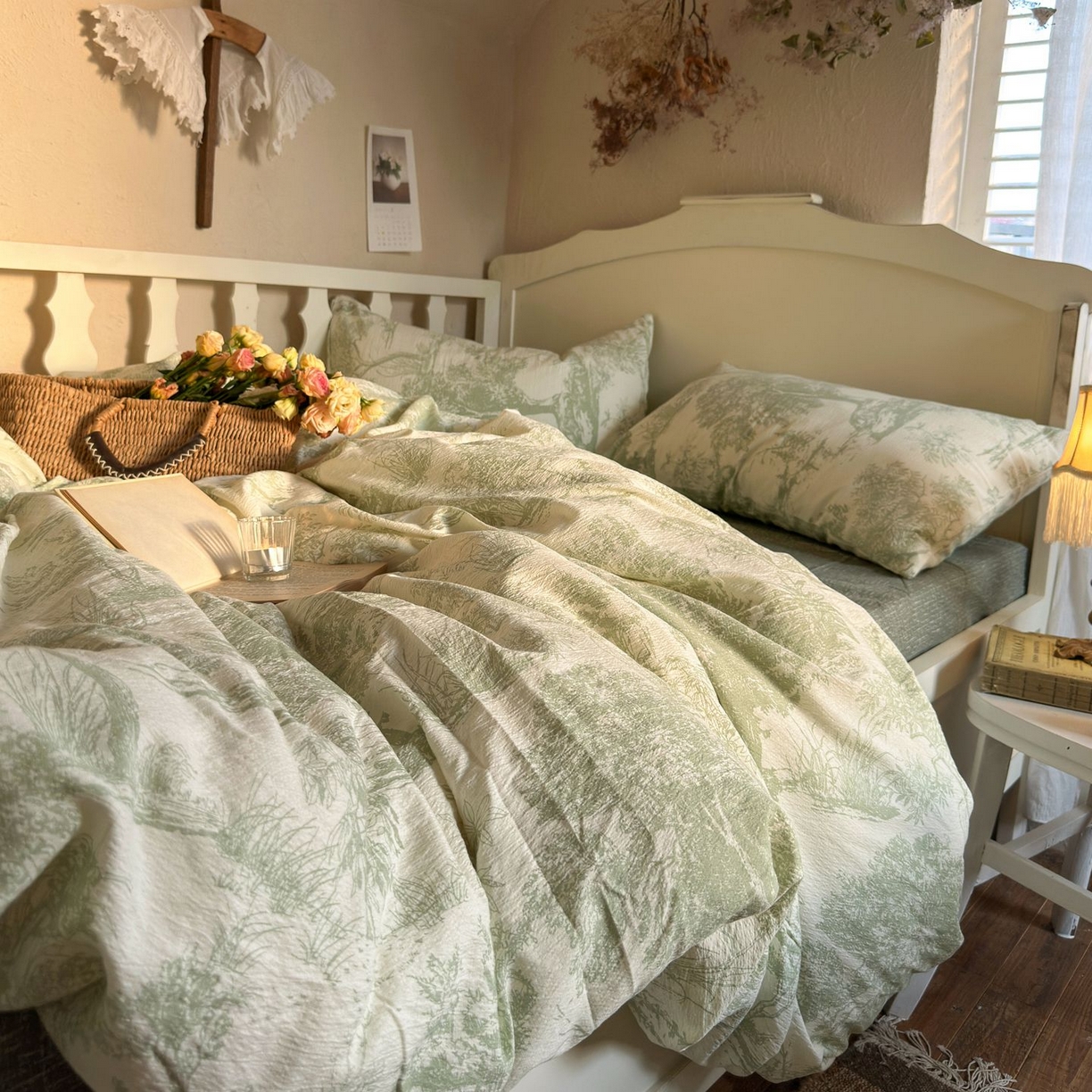 91家纺网 家纺一手货源 找家纺 （总）初念 2025新款1亚麻复古诧季风系列皱皱纱提花四件套(提供买家秀）