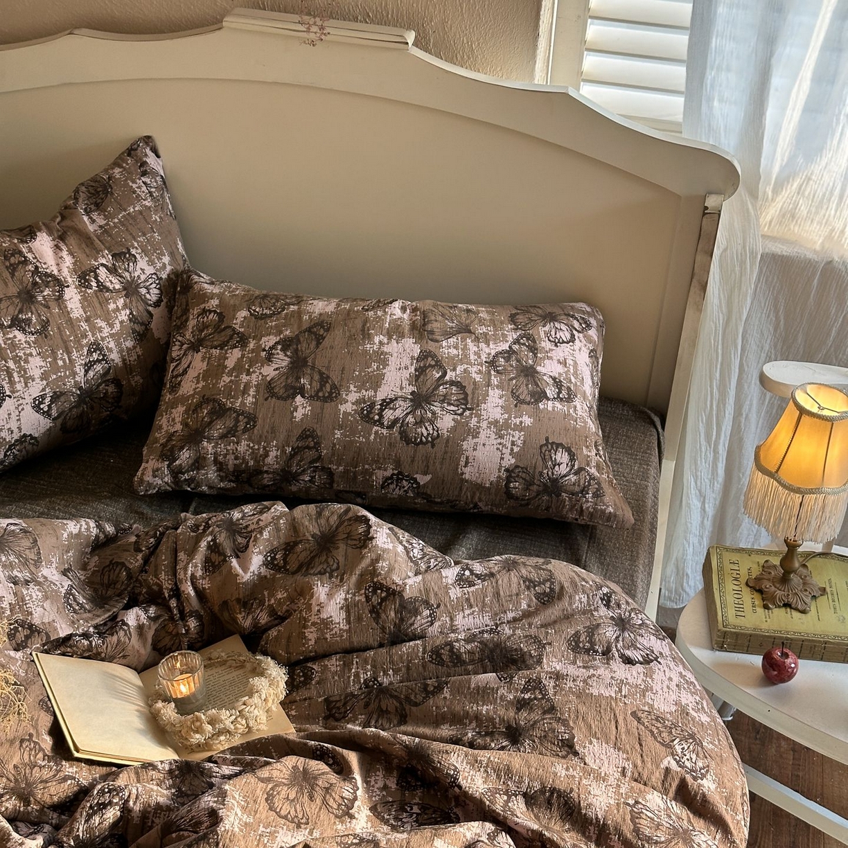 91家纺网 家纺一手货源 找家纺 初念 2025新款1亚麻复古诧季风系列皱皱纱提花四件套(提供买家秀） 诧季风-回忆蝶