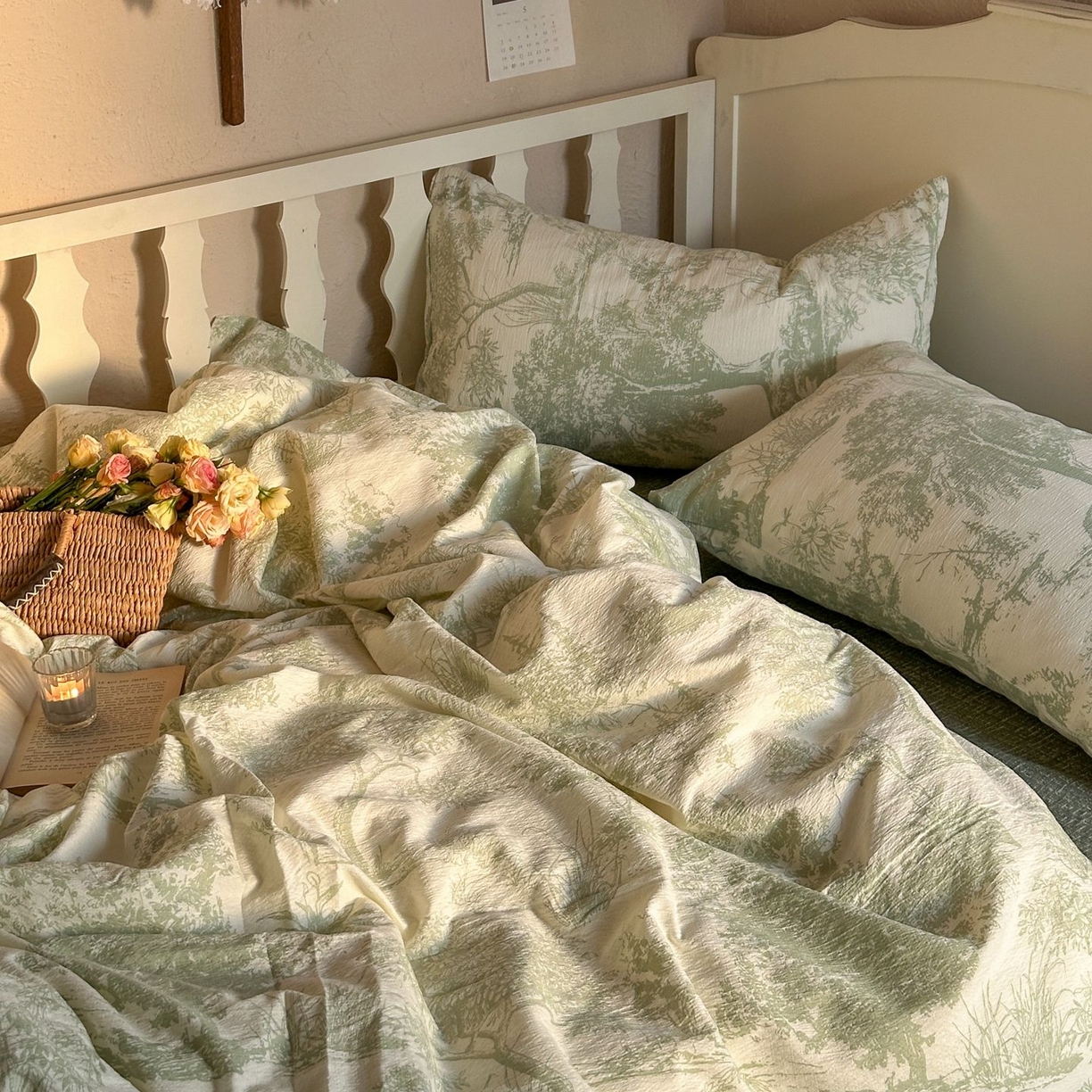 91家纺网 家纺一手货源 找家纺 初念 2025新款1亚麻复古诧季风系列皱皱纱提花四件套(提供买家秀） 诧季风-烟雨