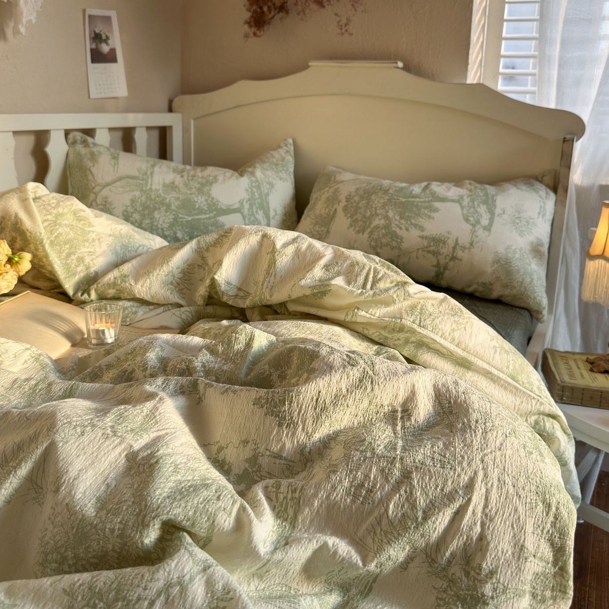 91家纺网 家纺一手货源 找家纺 初念 2025新款1亚麻复古诧季风系列皱皱纱提花四件套(提供买家秀） 诧季风-烟雨