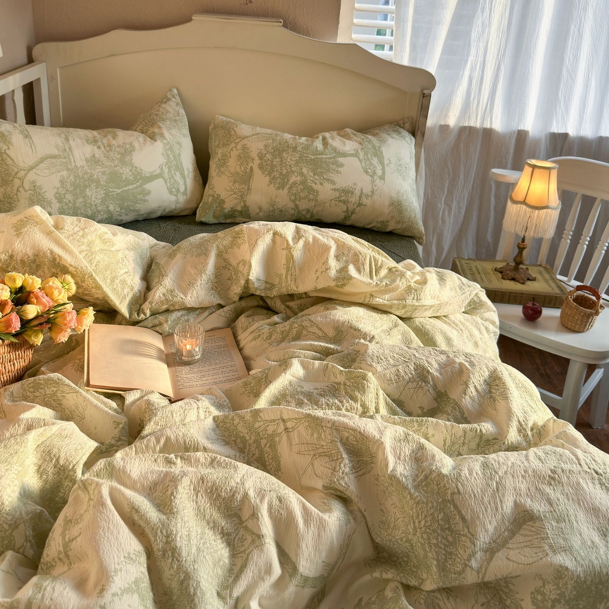 91家纺网 家纺一手货源 找家纺 初念 2025新款1亚麻复古诧季风系列皱皱纱提花四件套(提供买家秀） 诧季风-烟雨