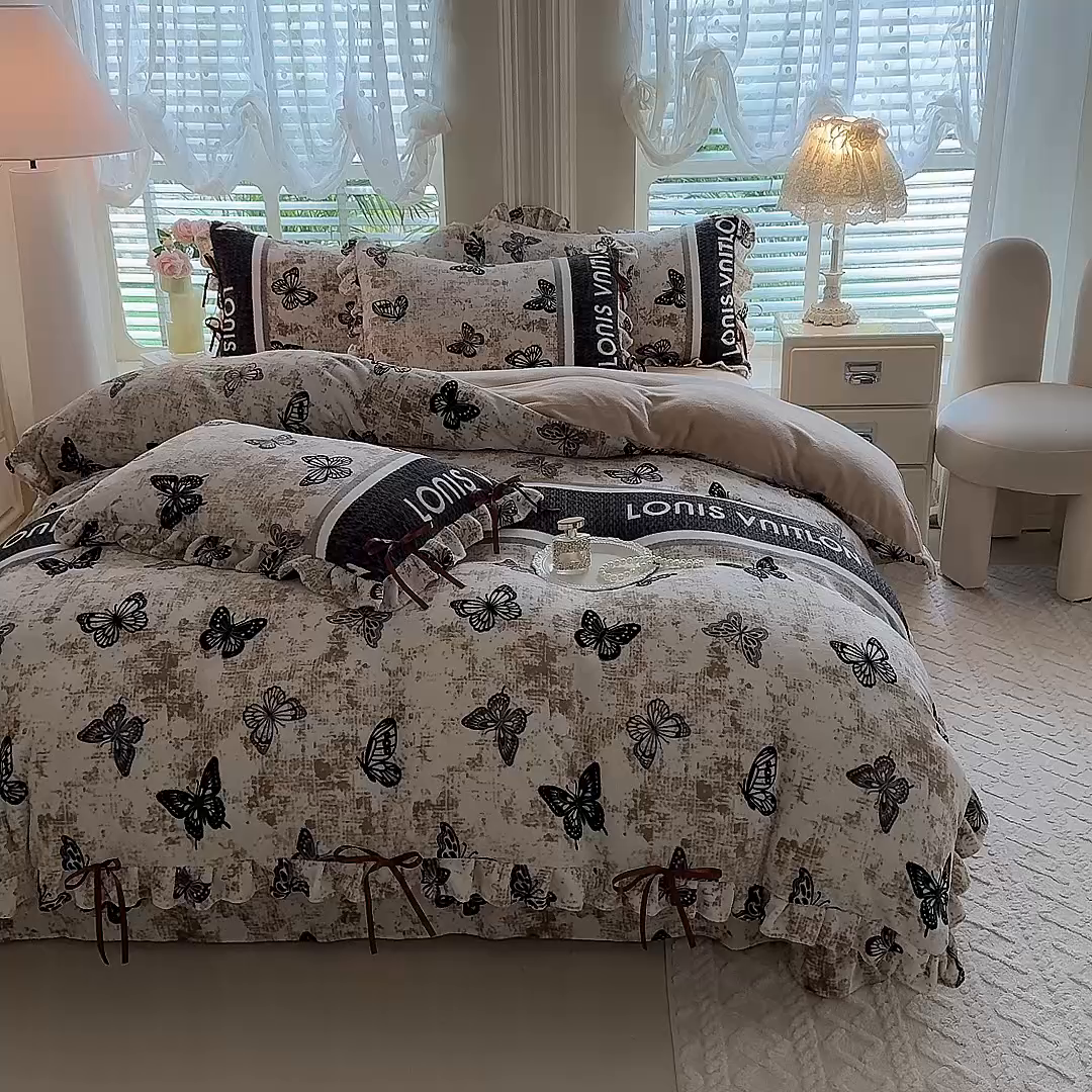 91家纺网 家纺一手货源 找家纺 （总）韩约 2025新款韩式蝴蝶结牛奶绒床单款四件套