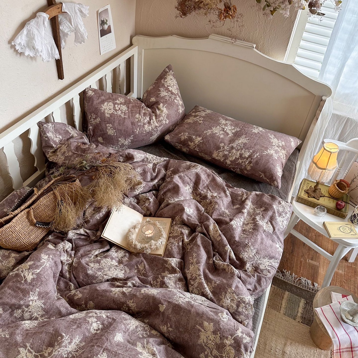 91家纺网 家纺一手货源 找家纺 初念 2025新款1亚麻复古诧季风系列皱皱纱提花四件套(提供买家秀） 诧季风-月华绣影