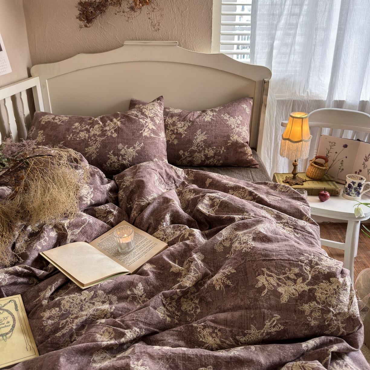 91家纺网 家纺一手货源 找家纺 初念 2025新款1亚麻复古诧季风系列皱皱纱提花四件套(提供买家秀） 诧季风-月华绣影