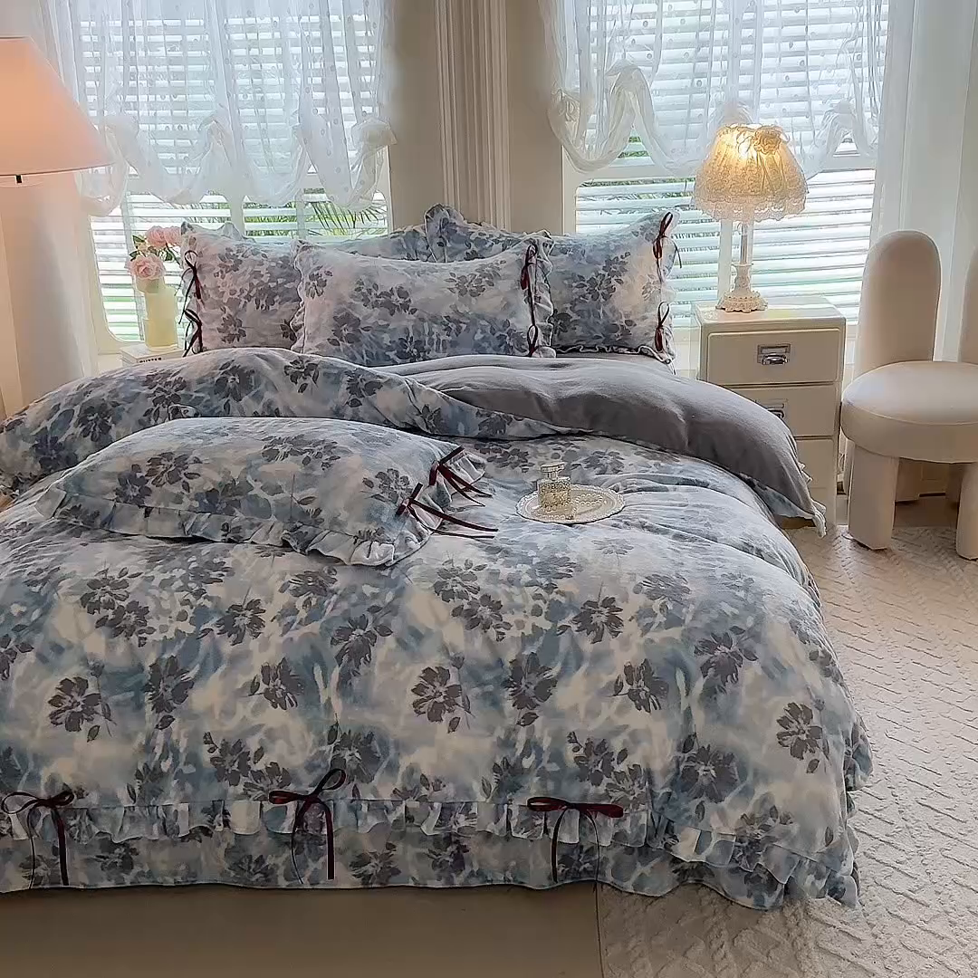 91家纺网 家纺一手货源 找家纺 （总）韩约 2025新款韩式蝴蝶结牛奶绒床单款四件套
