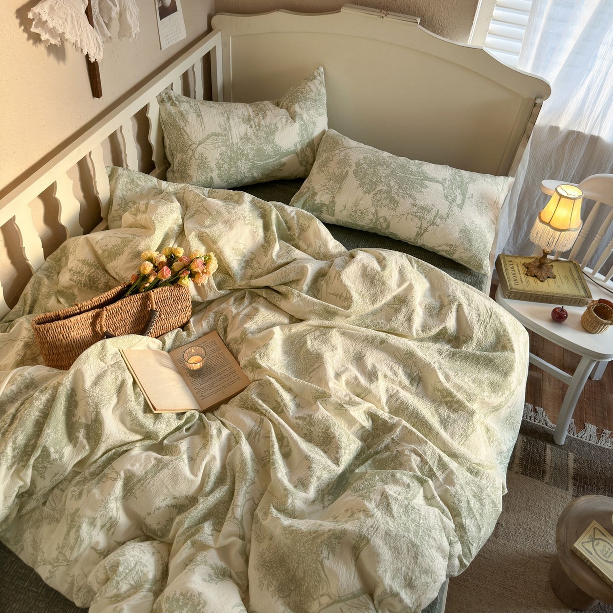 91家纺网 家纺一手货源 找家纺 初念 2025新款1亚麻复古诧季风系列皱皱纱提花四件套(提供买家秀） 诧季风-烟雨