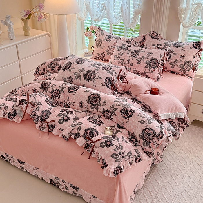 91家纺网 家纺一手货源 找家纺 （总）韩约 2025新款韩式蝴蝶结牛奶绒床单款四件套