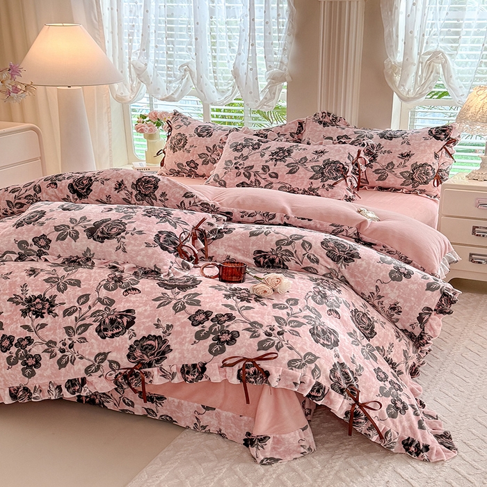 91家纺网 家纺一手货源 找家纺 （总）韩约 2025新款韩式蝴蝶结牛奶绒床单款四件套