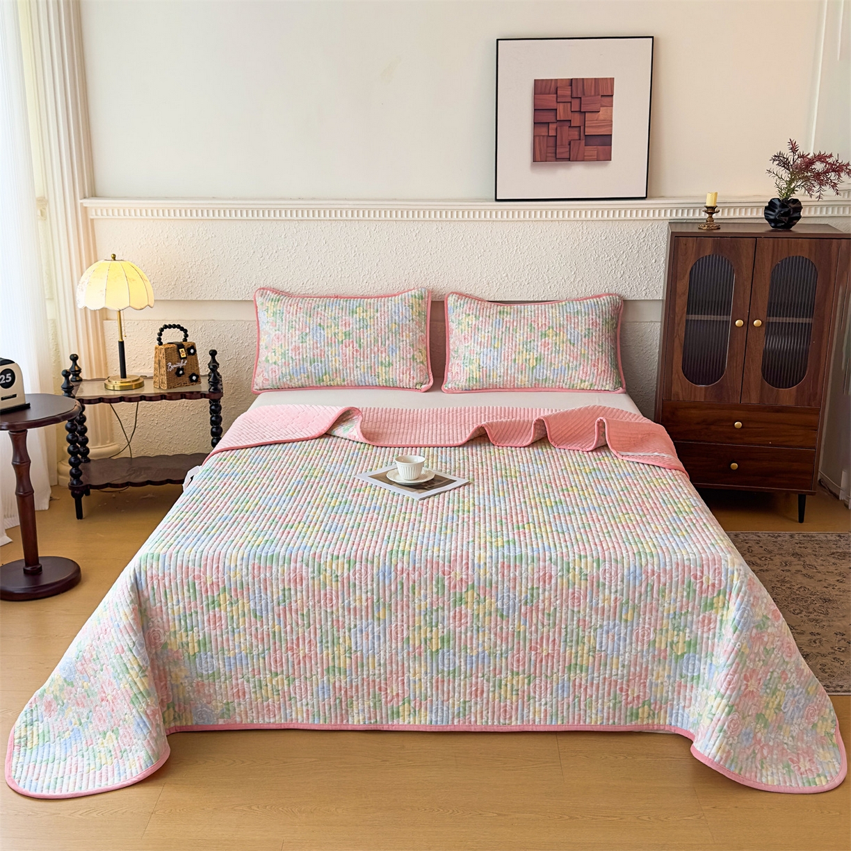 恒爱家纺 2025新款全棉宝宝绒双拼床盖三件套 花容月貌-绿