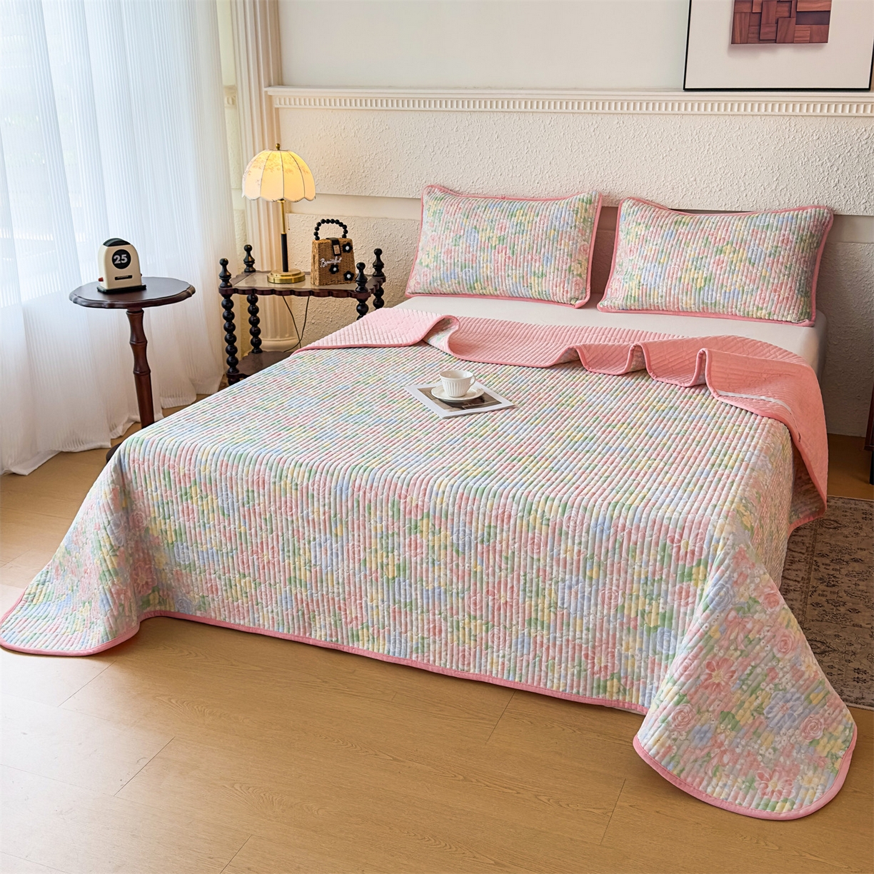 91家纺网 家纺一手货源 找家纺 恒爱家纺 2025新款全棉宝宝绒双拼床盖三件套 花容月貌-绿