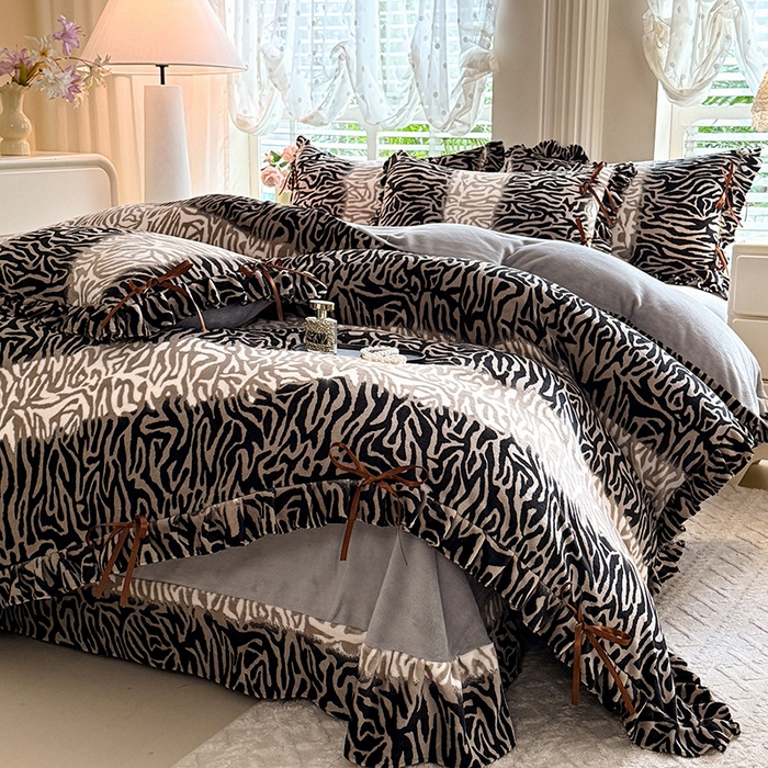 韩约 2025新款韩式蝴蝶结牛奶绒床单款四件套 斑马纹