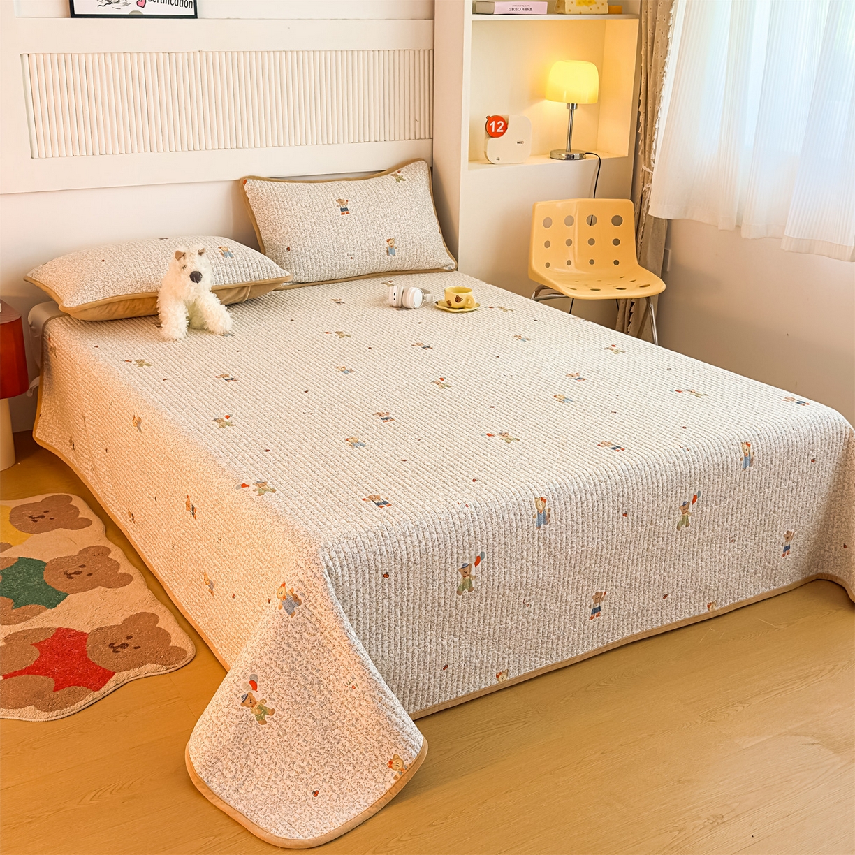 91家纺网 家纺一手货源 找家纺 恒爱家纺 2025新款全棉宝宝绒双拼床盖三件套 欢乐熊