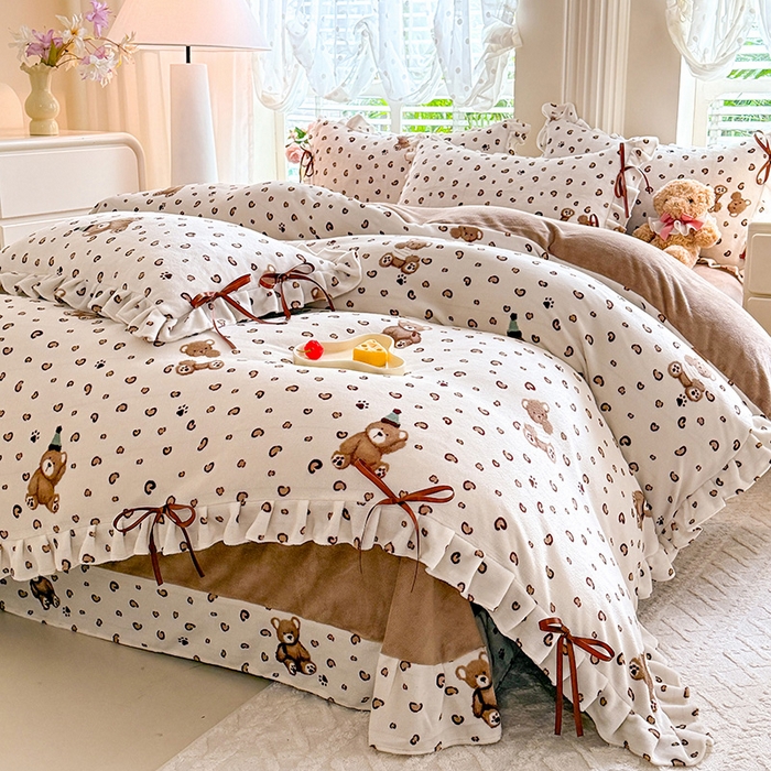 韩约 2025新款韩式蝴蝶结牛奶绒床单款四件套 豹纹小熊