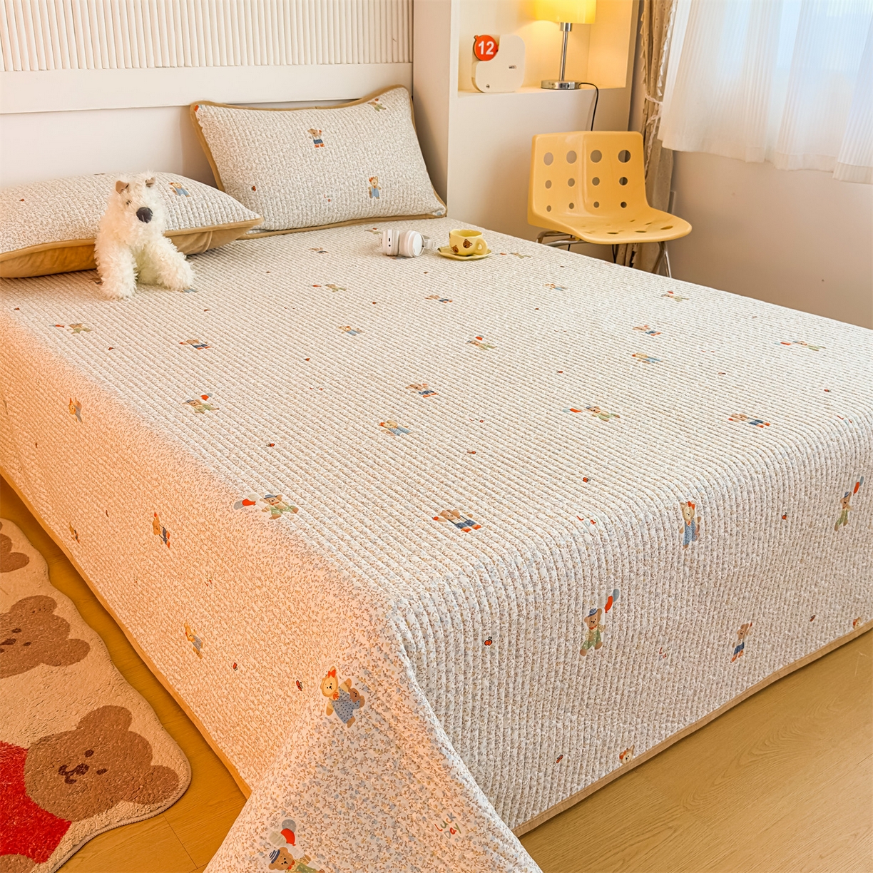 91家纺网 家纺一手货源 找家纺 恒爱家纺 2025新款全棉宝宝绒双拼床盖三件套 欢乐熊