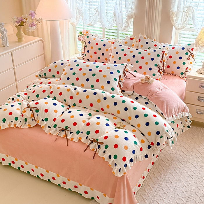 91家纺网 家纺一手货源 找家纺 韩约 2025新款韩式蝴蝶结牛奶绒床单款四件套 彩色波点