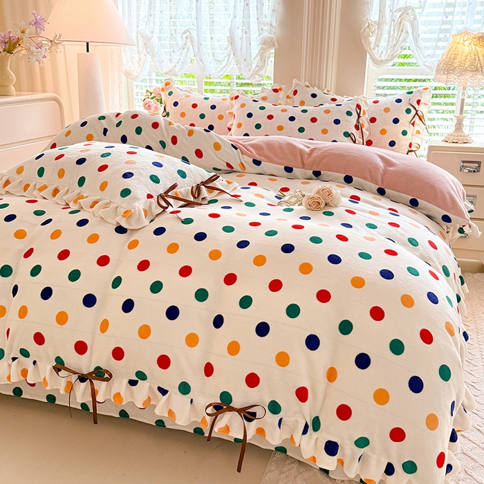 91家纺网 家纺一手货源 找家纺 韩约 2025新款韩式蝴蝶结牛奶绒床单款四件套 彩色波点