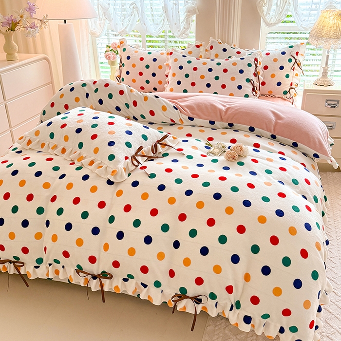 91家纺网 家纺一手货源 找家纺 韩约 2025新款韩式蝴蝶结牛奶绒床单款四件套 彩色波点