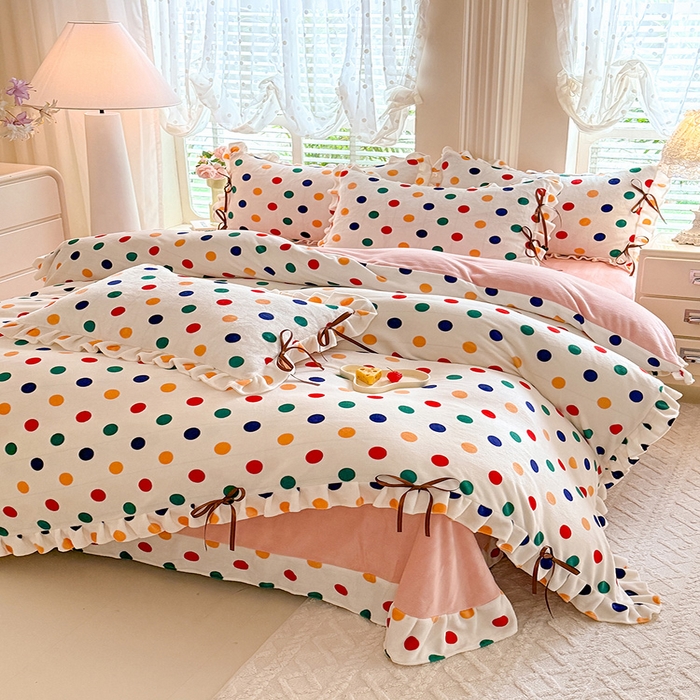 91家纺网 家纺一手货源 找家纺 韩约 2025新款韩式蝴蝶结牛奶绒床单款四件套 彩色波点