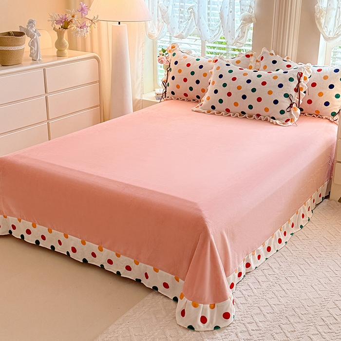 91家纺网 家纺一手货源 找家纺 韩约 2025新款韩式蝴蝶结牛奶绒床单款四件套 彩色波点