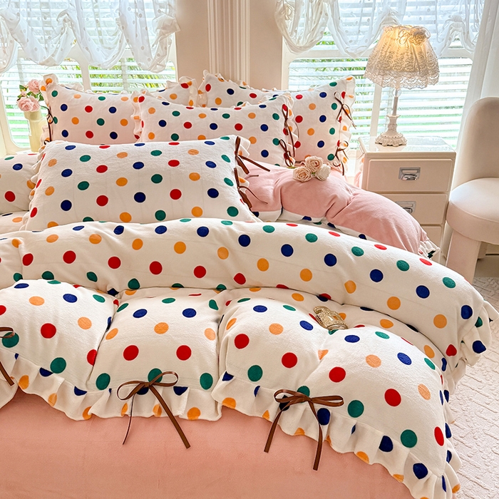 91家纺网 家纺一手货源 找家纺 韩约 2025新款韩式蝴蝶结牛奶绒床单款四件套 彩色波点