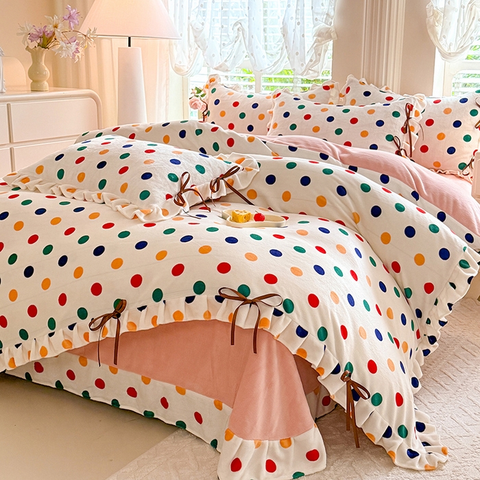 91家纺网 家纺一手货源 找家纺 韩约 2025新款韩式蝴蝶结牛奶绒床单款四件套 彩色波点