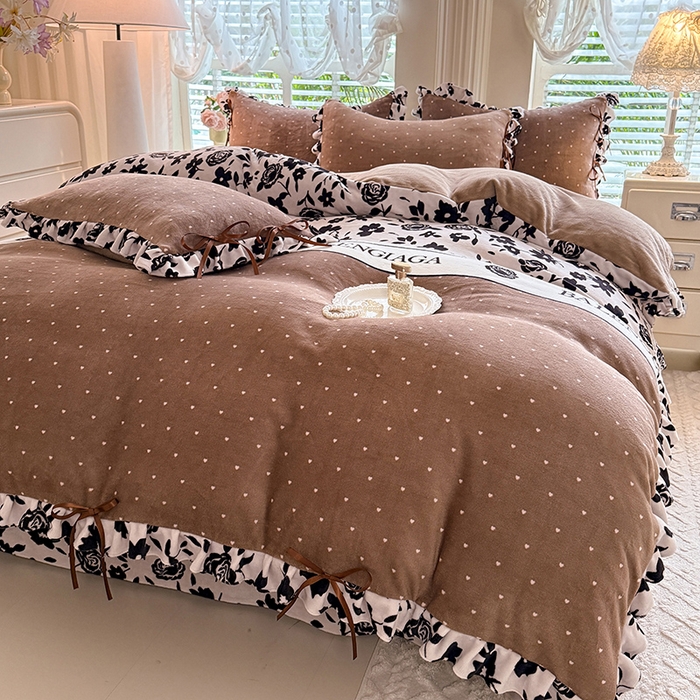 91家纺网 家纺一手货源 找家纺 韩约 2025新款韩式蝴蝶结牛奶绒床单款四件套 黛香