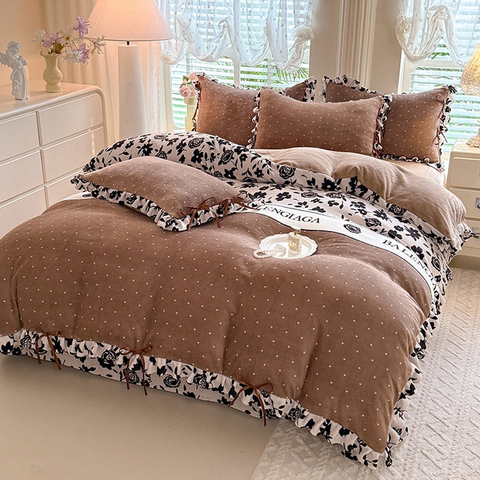 91家纺网 家纺一手货源 找家纺 韩约 2025新款韩式蝴蝶结牛奶绒床单款四件套 黛香