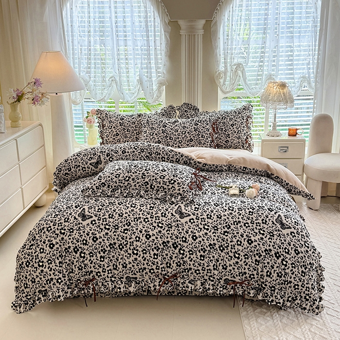 91家纺网 家纺一手货源 找家纺 韩约 2025新款韩式蝴蝶结牛奶绒床单款四件套 蝶花