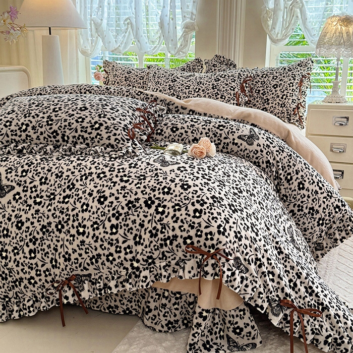 韩约 2025新款韩式蝴蝶结牛奶绒床单款四件套 蝶花