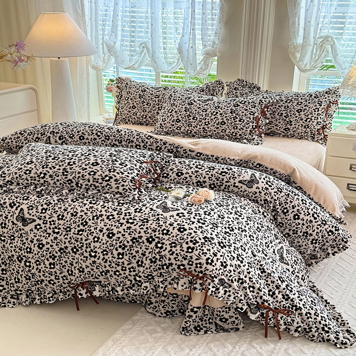 91家纺网 家纺一手货源 找家纺 韩约 2025新款韩式蝴蝶结牛奶绒床单款四件套 蝶花