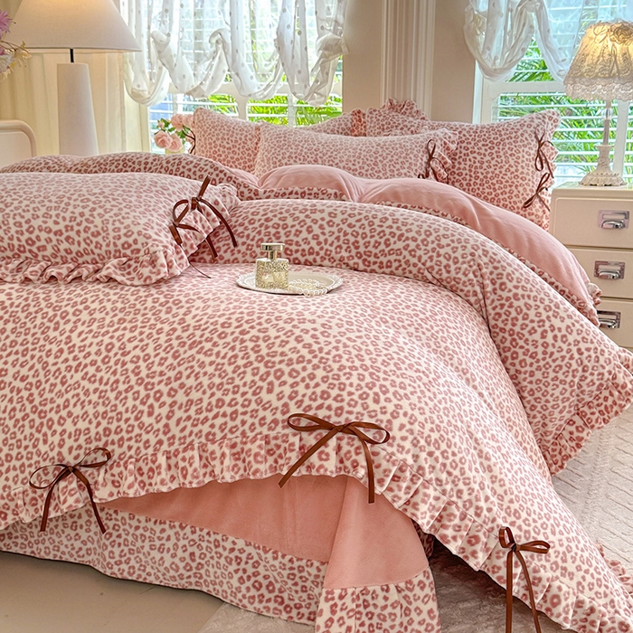 韩约 2025新款韩式蝴蝶结牛奶绒床单款四件套 粉色豹纹