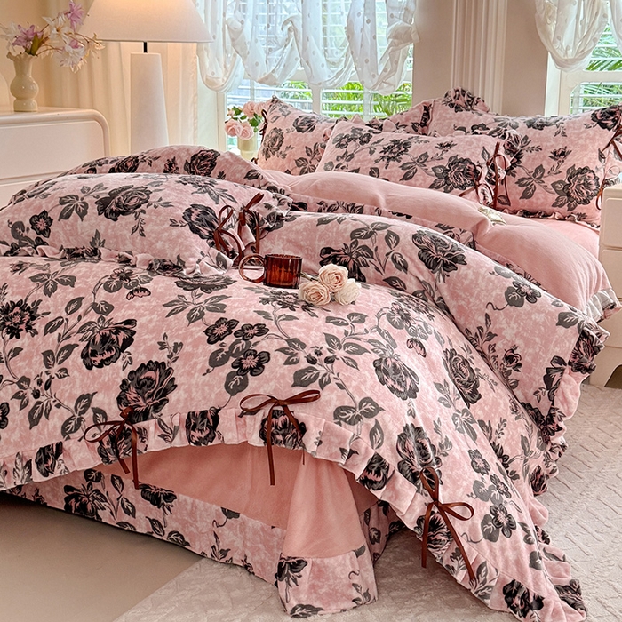 韩约 2025新款韩式蝴蝶结牛奶绒床单款四件套 花枝韵