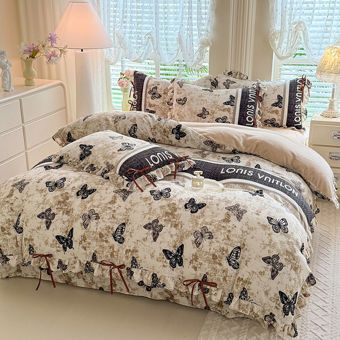 91家纺网 家纺一手货源 找家纺 韩约 2025新款韩式蝴蝶结牛奶绒床单款四件套 锦蝶