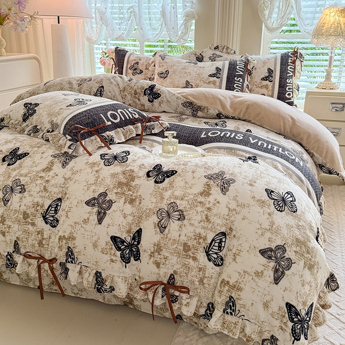 91家纺网 家纺一手货源 找家纺 韩约 2025新款韩式蝴蝶结牛奶绒床单款四件套 锦蝶