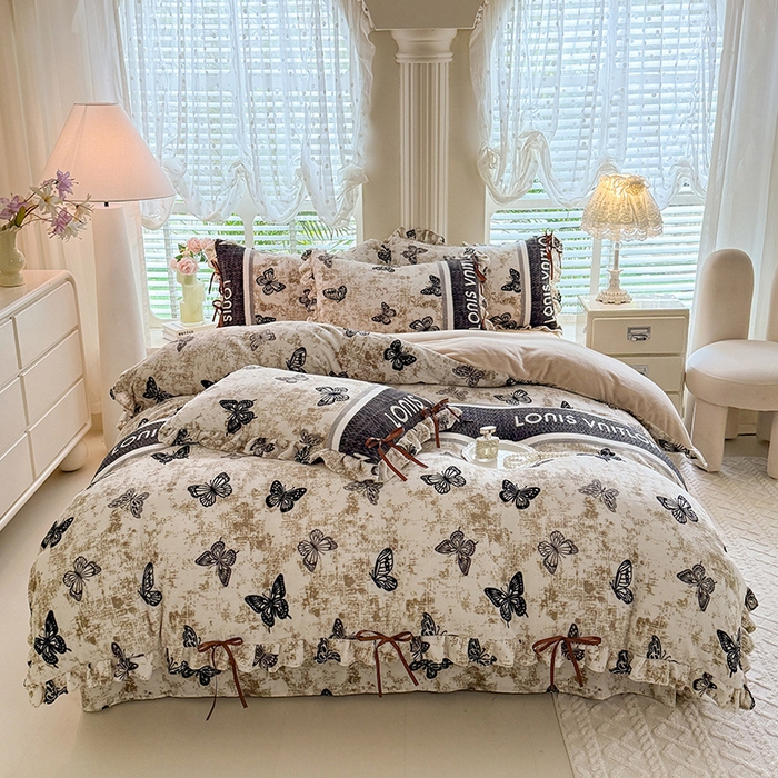 91家纺网 家纺一手货源 找家纺 韩约 2025新款韩式蝴蝶结牛奶绒床单款四件套 锦蝶