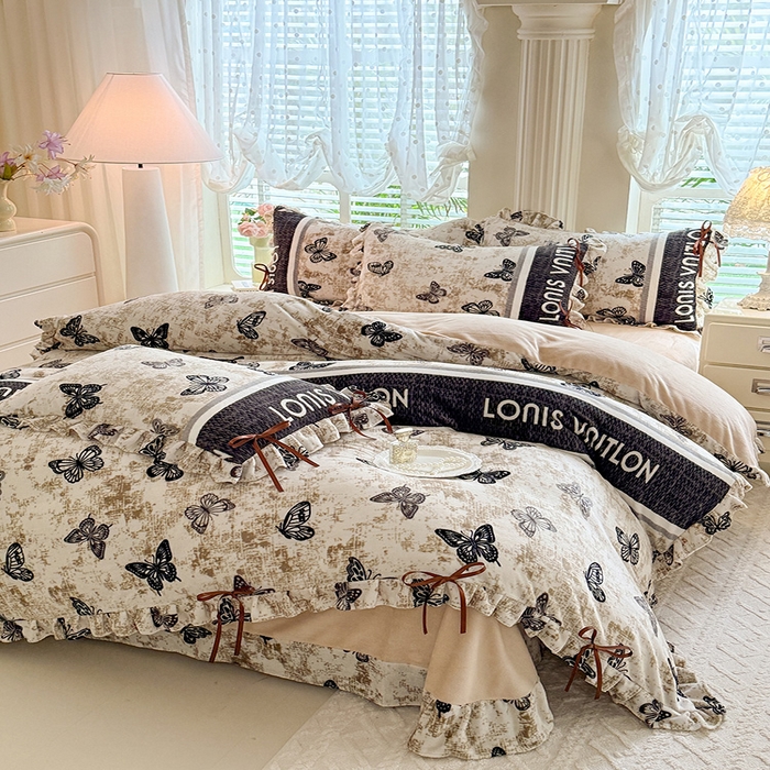 91家纺网 家纺一手货源 找家纺 韩约 2025新款韩式蝴蝶结牛奶绒床单款四件套 锦蝶