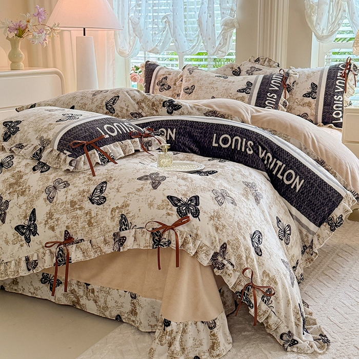 91家纺网 家纺一手货源 找家纺 韩约 2025新款韩式蝴蝶结牛奶绒床单款四件套 锦蝶