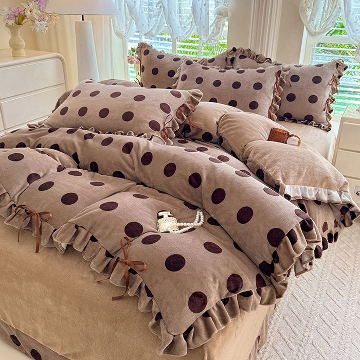 91家纺网 家纺一手货源 找家纺 韩约 2025新款韩式蝴蝶结牛奶绒床单款四件套 圆梦咖