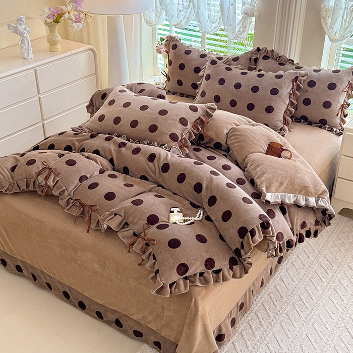 91家纺网 家纺一手货源 找家纺 韩约 2025新款韩式蝴蝶结牛奶绒床单款四件套 圆梦咖