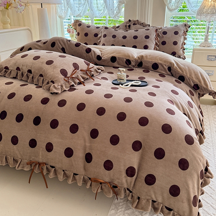 91家纺网 家纺一手货源 找家纺 韩约 2025新款韩式蝴蝶结牛奶绒床单款四件套 圆梦咖