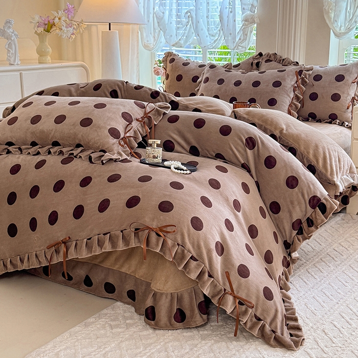 91家纺网 家纺一手货源 找家纺 韩约 2025新款韩式蝴蝶结牛奶绒床单款四件套 圆梦咖