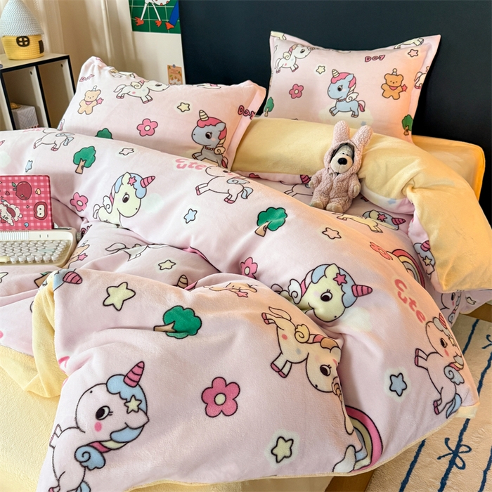 91家纺网 家纺一手货源 找家纺 艾特你 2025新款小清新高克重牛奶绒印花四件套 彩虹宝丽